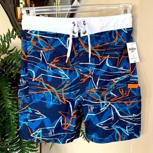 Brand New Oshkosh Swim Shorts Navy Blue Orange Graphic Shark Print Swim Trunks
